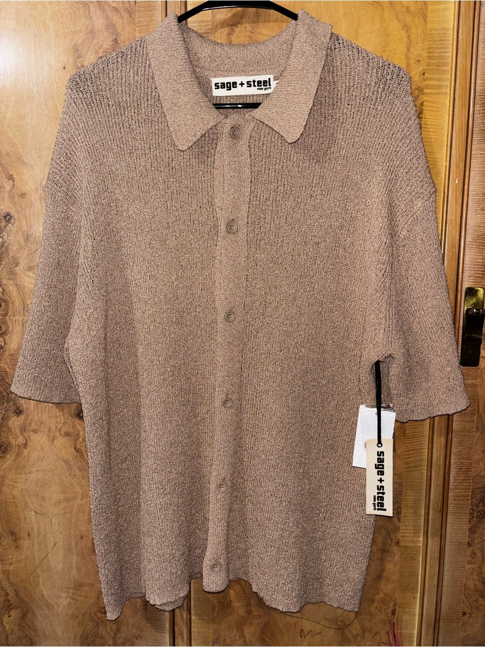 Sage + Steel Men's Short-Sleeve Button Polo shirt in Taupe size Medium